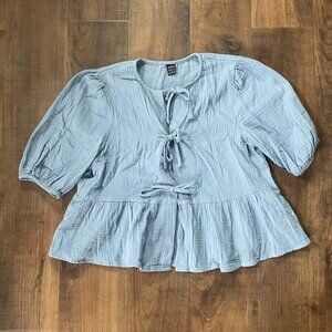 Shein Blue Cotton Gauze Peplum Blouse Size Small – Puff Sleeve Bow Front Cottage